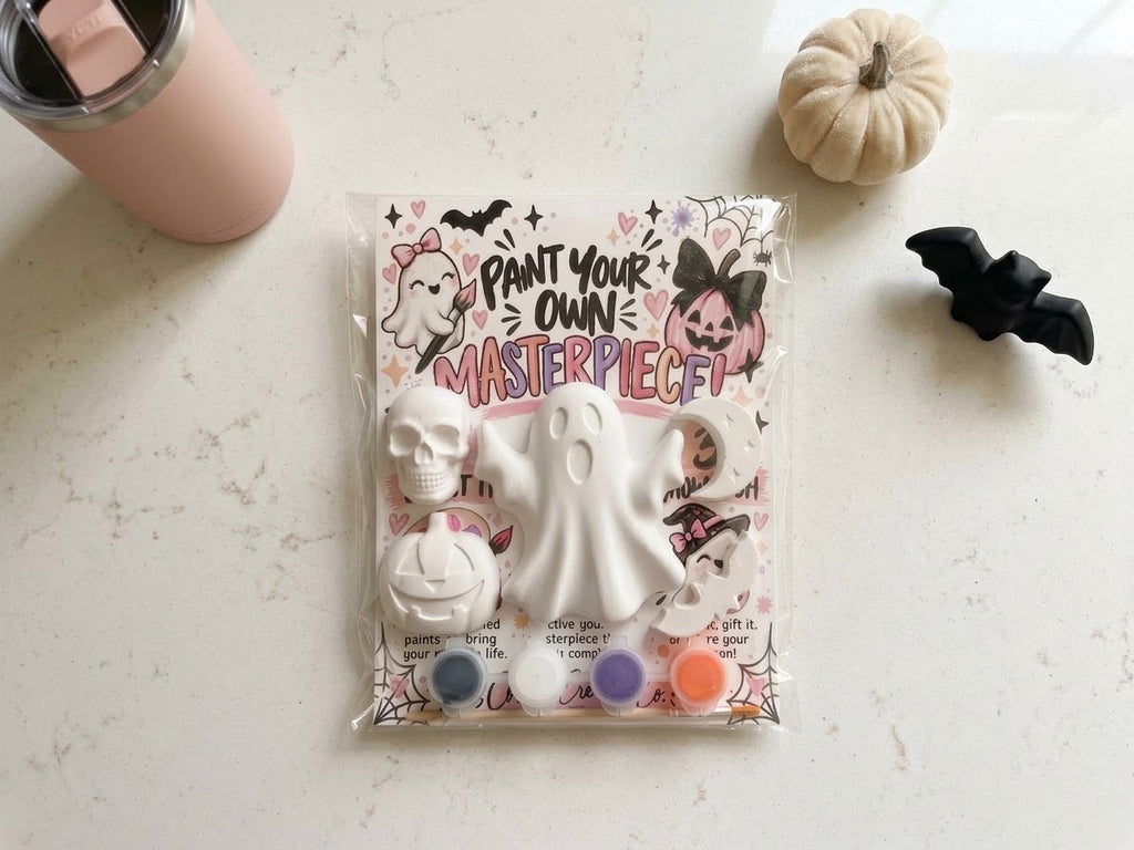 Halloween plaster painting kit with ghost, pumpkin, skull, bat and moon craft pieces