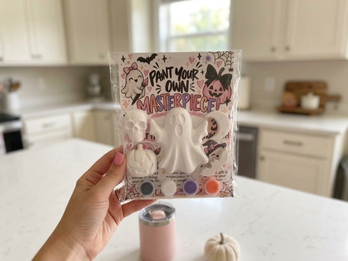 Mini Halloween paint-your-own plaster craft kit packaged and ready to gift