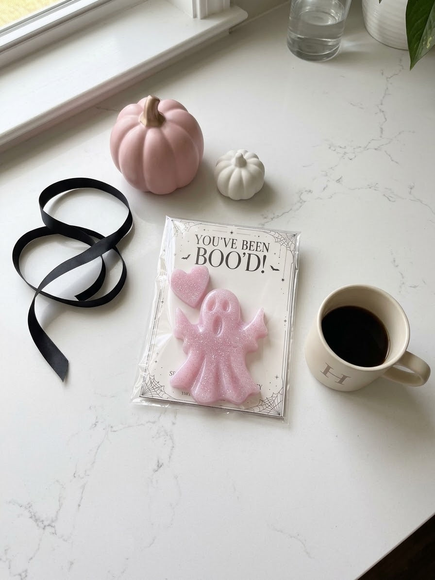 Send a Boo resin ghost and heart gift displayed on a marble table with decorative pumpkins, ribbon, and a coffee mug.