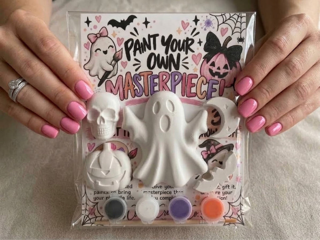 Mini Halloween DIY paint kit with five plaster pieces, paints and brush by The Cooper Creative Co.