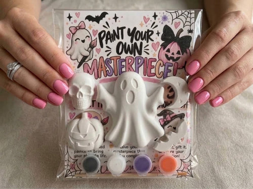 Mini Halloween DIY paint kit with five plaster pieces, paints and brush by The Cooper Creative Co.